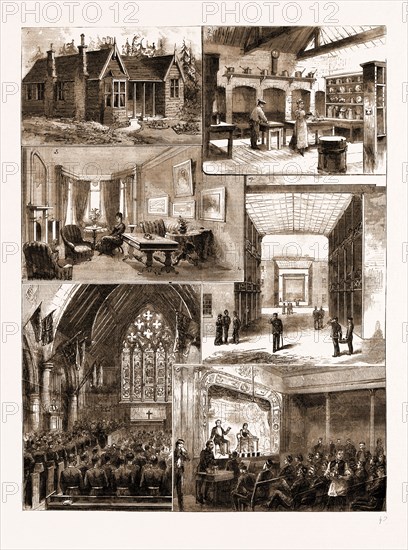 THE QUEEN'S PAVILION, AT ALDERSHOT, UK, 1883: 1. The Queen's Pavilion. 2. The Kitchen in the Queen's Pavilion. 3. The Queen's Sitting-Room in the P avilion. 4. Infantry Blocks. 5. Morning Service at the Red Church. 6. The Cavalry Canteen