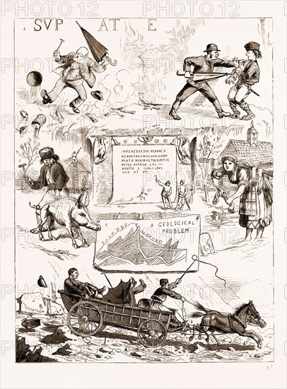 SCENES ALONG THE DANUBE, IRON GATES DISTRICT, 1883: 1. Under Trajan's Tablet: The Vandal Fisherman and the Avenging Antiquarian. 2. A Serbian Legend: Peasants Using Hog's Bristles as Nails. 3. Trajan's Tablet on the Danube Opposite the Austrian Village of Ogradina. 4. A Girl Washing and Hanging the Clothes on a "Carrying Stick" Balanced on the Neck. 5. A Geological Problem. 6. Travelling in the Interior of Serbia in Springless Cart.