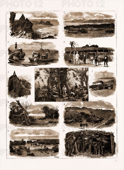 VIEWS AT THE SOUTH CAPE OF FORMOSA, 1883: 1. A Coral Beach on the South-East Coast. 2. The Bay at the South Cape. 3. Divers Blasting Coral to Clear the Channel. 4. A Mandarin's Mat-House. 5. A Quiet Luncheon at Noon. 6. A Temporary Lighthouse. 7. Engineer's Hut and Bullock Cart. 8. A Clearing-place in the Jungle. 9. A View of the Light Station. 10. A Landing Place for Stores. 11. In a Banian Thicket.