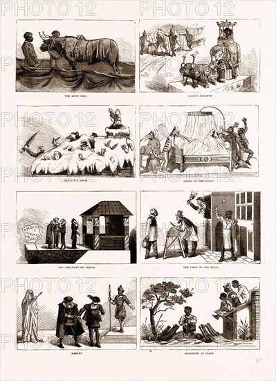 CARNIVAL OF THE MARDI-GRAS AT NEW ORLEANS, U.S.A., U.S., US, USA, UNITED STATES, UNITED STATES OF AMERICA, AMERICA, 1883; THE BOEUF GRAS, PLATO'S ATLANTIS, BEAUTIFUL SNOW, VOICES OF THE NIGHT, THE MERCHANT OF VENICE, THE PAEAN OF THE BELLS, HAMLET, MISSISSIPPI IN FLOOD