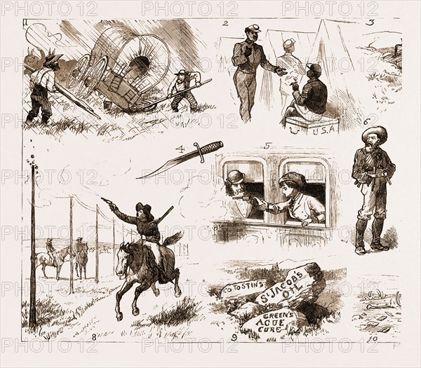 ACROSS THE PLAINS TO CALIFORNIA BY THE NEW ROUTE, U.S.A., U.S., US, USA, UNITED STATES, UNITED STATES OF AMERICA, AMERICA, 1883: 1. A Prairie "Schooner" in a Squall. 2. Buffalo Soldiers. 3. A Colony of "Dug Outs." 4. A Tooth-pick. 5. A Passing Shot. 6. A Gentleman of Arizona. 7. Twenty Oranges for Two "Bits." 8. Cow-Boys Amusing Themselves. 9. Sublime Nature Imposed Upon. 10. A Sequestered Nook in the Desert.