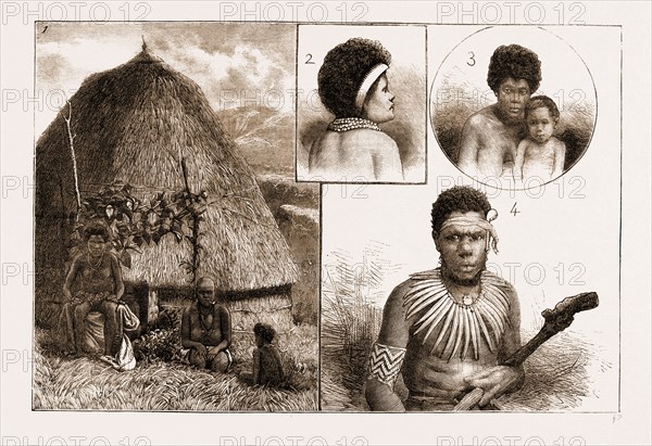 A CRUISE OF H.M.S. "DIAMOND" AMONGST THE SOLOMON ISLANDS, 1883: 1. A Native Family and Hut. 2. A Native Woman of the Better Class. 3. Female and Child. 4. A Male Native.