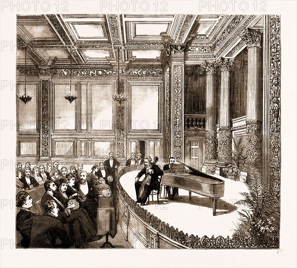 THE OPENING OF THE NEW BUILDING OF THE INSTITUTE OF PAINTERS IN WATER-COLOURS, PICCADILLY, BY THE PRINCE OF WALES: THE INAUGURAL CONCERT IN THE PRINCE'S HALL, LONDON, UK, 1883