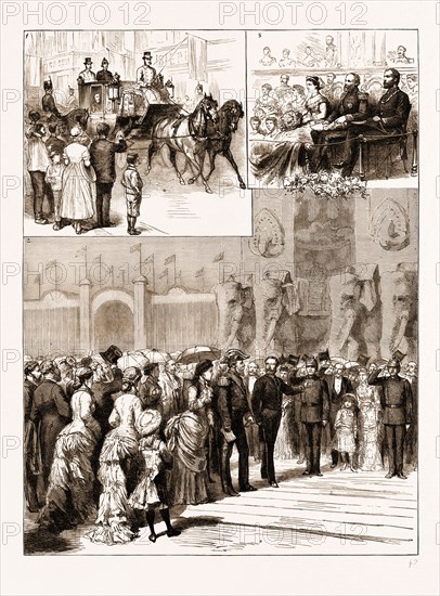 THE OPENING OF THE AMSTERDAM EXHIBITION BY THE KING AND QUEEN OF THE NETHERLANDS, 1883: 1. The King and Queen Going to the Exhibition. 2. The Royal Party Entering the Exhibition. 3. The Royal Box at the Gala Performance at the Park Theatre.