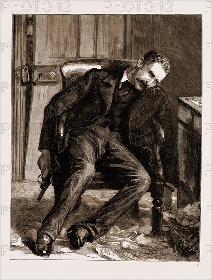 LIKE SHIPS UPON THE SEA, DRAWN BY SYDNEY HALL, 1883; Mario Masi sat in the editorial chair. His head, supported against the back of it, was inclined to one side; his right hand hung down eith a revolver still grasped in it; a stream of blood trickled from his right ear.