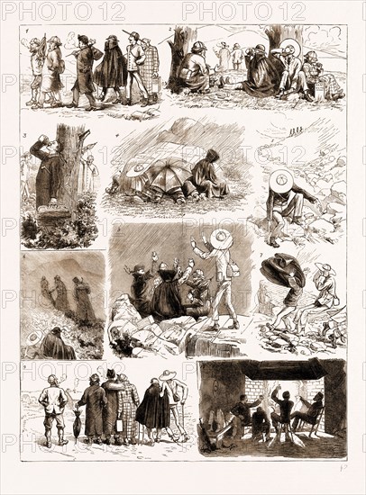 AN ASCENT OF BEN MACDHUI, 1883: 1. We Arose Punctually at Five A.M., and Set Out for the Mountain in High Spirits. 2. Having Acquired Excellent Appetites We Breakfast in Glen Derry. 3. Caught: "Only a Nippy." 4. Rain Begins to Fall: We Crouch Behind a Shelter-Stone. 5. We Renew the Ascent, But Are Compelled to Leave Behind One of Our Party: A Blue-Ribbonite Who Has Been Indulging Himself Inordinately With Ginger-Beer. 6. We Ascend Between Ben Main and Cairngorm: on the Glen Dee Side, but the Wind is too Boisterous to be Pleasant. 8. At Length We Reach the Top of the Ben, but are Disappointed in the Matter of a View. We Console Ourselves with Toasts, the Blue-Ribbonite Feebly Protesting. 9. Our Condition on Regaining Level Ground After Our Thirty-five Miles' Tramp. 10. Fighting the Day's Battles Over Again.