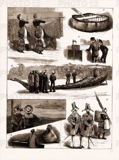 THE INTERNATIONAL FISHERIES EXHIBITION AT SOUTH KENSINGTON, LONDON, UK, 1883: 1. The Art of Netting. 2. A Coracle Used for Salmon Fishing on the River Boyne. 3. Young Fish (A Rearing Tani). 4. Bluejackets and Fishermen Looking at the State Barge. 5. Jack. 6. Foreigners. 7. Goldfish and Caller Herring.