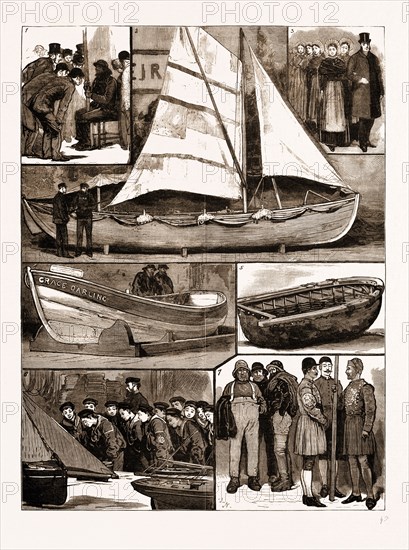 THE INTERNATIONAL FISHERIES EXHIBITION AT SOUTH KENSINGTON, LONDON, UK, 1883: 1. Is He Alive? 2. Boat in which Mr. B. Leigh Smith Escaped from the Wreck of his Arctic Exploring Ship "Eira." 3. Foreign Fisher Girls. 4. Grace Darling's Boat. 5. "Guidore Curragh" (Irish Fishing Boat). 6. Envy. 7. Fresh and Salt.