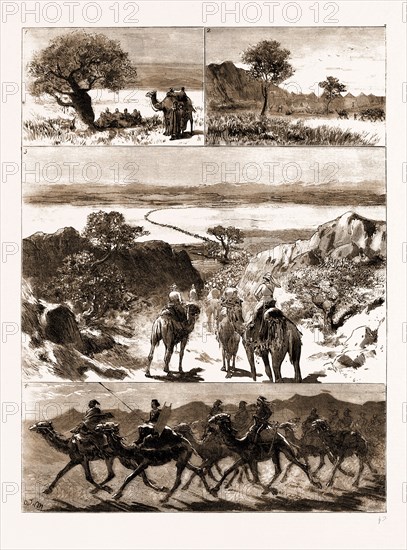 THE REBELLION IN SUDAN, 1883: 1. On the Road to Berber, Eighty Miles from Suakin: A Mid-day Halt. 2. Forty Miles from Suakin: Leading Out Camels at Early Dawn. 3. The March of Hicks Pasha through the Desert. 4. Hicks Pasha and His Staff Travelling by Moonlight, Escorted by a Native Sheik and his Body Guard.