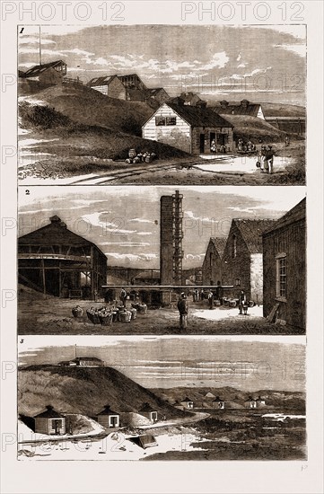 NOBEL'S DYNAMITE MANUFACTORY, ARDEER, AYRSHIRE, 1883: 1. Glycerine Nitrating House, Separating and Washing Houses, and Packing House. 2. Nitric Acid Factory. 3. Huts in which Dynamite is Made into Cartridges.