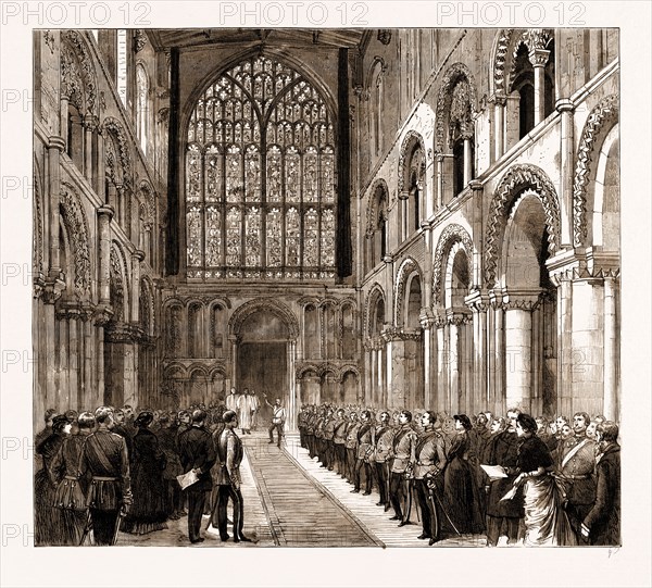 LORD NAPIER OF MAGDALA UNVEILING IN ROCHESTER CATHEDRAL A MEMORIAL WINDOW TO THE OFFICERS AND MEN OF THE ROYAL ENGINEERS WHO FELL IN THE SOUTH AFRICAN AND AFGHAN CAMPAIGNS, UK, 1883