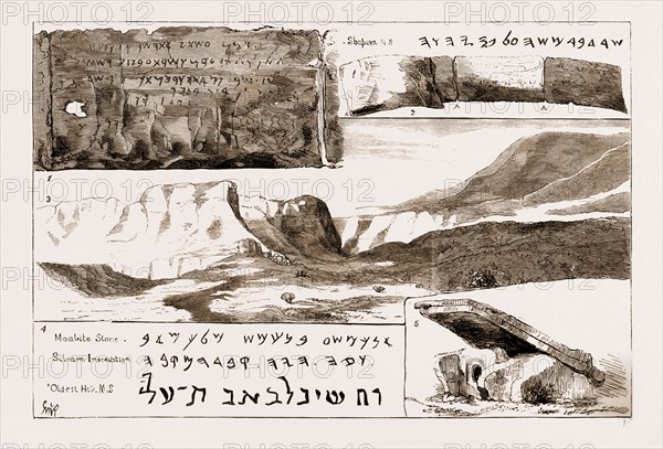 THE SHAPIRA MANUSCRIPT OF DEUTERONOMY: 1. A Single Fold of the Manuscript, Two-Thirds of the Original Size. 2. One of the Strips of loather on which the Manuscript is Written (AAA are the Joins). 3. The Wady, near Aroar, Palestine, Where it is Alleged the Manuscript Was Found. 4. Various Specimens of Ancient Writing. 5. Ancient Dolmen (Relic of the "Giants" Mentioned in the Manuscript) in Jabbok Valley.