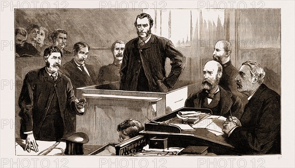 THE ASSASSINATION OF CAREY, ARREST OF O'DONNELL AT PORT ELIZABETH: INSIDE THE COURT HOUSE, PORT ELIZABETH, THE EXAMINATION, 1883