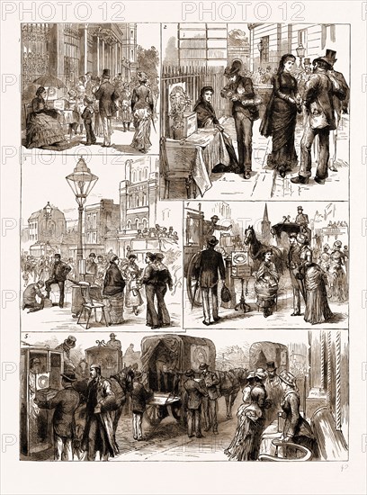 HOSPITAL SATURDAY, SOME STREET NOTES, 1883: 1. Lady Constance Howard Apsley House. 2. Mrs. Grylls at Clarence House. 3. At the East End I Corner of Commercial Road and White Horse Street. 4. Corner of - Oxford Street and Regent Street. 5. Cheapside: the End of the Day, Collectors Bringing in their Boxes.