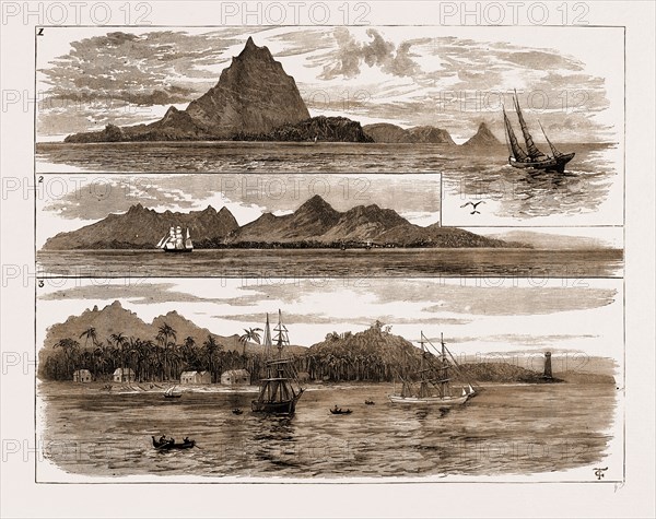 THE VOLCANIC ERUPTION AT JAVA, INDONESIA, VIEWS OF KRAKATOA AND ANJER, NOW COMPLETELY DESTROYED, 1883: 1. The Island of Krakatoa, South-Eastern Side. 2. The Sunda Straits: Anjer Hill from the North-West. 3. View of Anjer, Showing the Lighthouse.