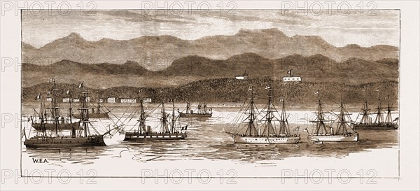 MADAGASCAR, THE "TAYMOUTH CASTLE" LEAVING TAMATAVE WITH DESPATCHES FOR THE MAURITIUS, JUNE 28, 1883: "Creuze" (French War Vessel) "Nievre" (French War Vessel), H.M.S. "Dryad", S.S. "Taymouth Castle"