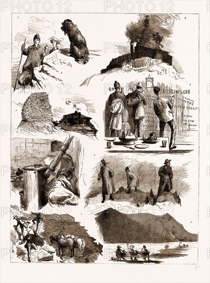 WALES, UK, 1883, THE ASCENT OF SNOWDON: 1. Near the Top they are Confronted with an Animal (The Caretaker's Dog). 2. They Attain the Very Summit, and are Enveloped in the Fumes of an adjacent Volcano (" Must be the Cheminee."â€îED.). 3. The Top. 4. Refreshed, they Proceed to the Crowning Act of Heroism. 5. They Determine to Stay the Night in Order to See the Sunrise. They choose a Cosy Corner in the Shanty. (Rainy Night, Shanty Leaky; Everything is Leeky in Wales). 6. Next Morning they Watch for the Rising Sun. 7. "Facilis Descensus." 8. Safely Down, and in the Garden of the "Snowdon Ranger," they Contemplate the Wonderful Formation of the Elephant Mountain.