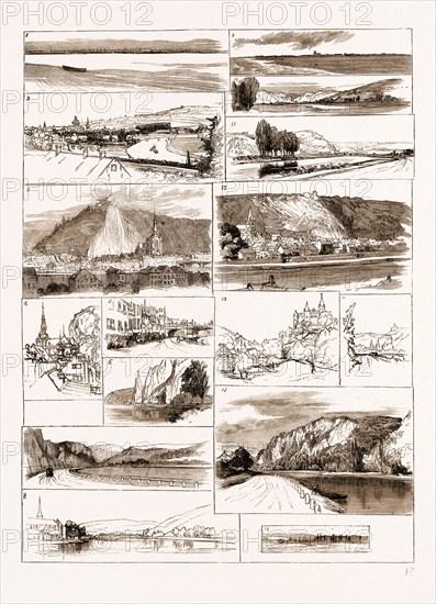 SKETCHES ON THE MEUSE BETWEEN NAMUR AND GIVET, 1883: 1. Parkiston Station and Quay, Harwich, G.E. Line. 2. Namur, Just Above the Confluence of the Sambre and the Meuse, from the Brussels Railway. 3. Dinant. 4. View from Window of Hotel Tete d'Or, Dinant. 5. Old Houses at Dinant. 6. Le Rocher Bayard, Dinane 7. Between Waulsort and Hastiere, Looking Down. 8. Hastiere, Looking Up. 9. The Scheldt. 10. Between Namur and Yvoir, Looking Down. 11. Ruins of the Castle of Poilvache, Below Dinant, Looking Up-Stream. 12. Bouvignes and Castle of CrÃ¨vecoeur. 13. Chateau de Veve at Celle, Nine Miles from Dinant. 14. Bouvignes, Looking Up. 15. Opposite Waulsort. 16. Distant View of Givet, Looking Up.