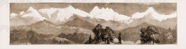 MOUNTAINEERING IN THE HIMALAYAS, VIEWS OF NANDA DEVI, 1883: PART OF THE SNOWY RANGE: VIEW NEAR ALMORA