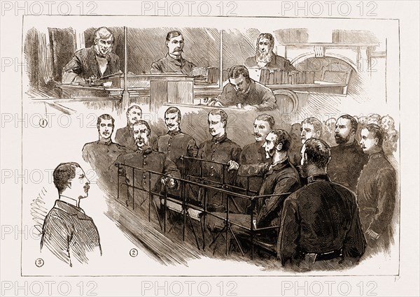 THE ASSASSINATION OF JAMES CAREY, ARRIVAL OF O'DONNELL IN LONDON: THE EXAMINATION OF THE PRISONER AT BOW STREET POLICE COURT, UK, 1883: 1. The Bench. 2. The Prisoner in the Dock. 3. Detective-Inspector Littlechild, in Charge of the Prisoner.