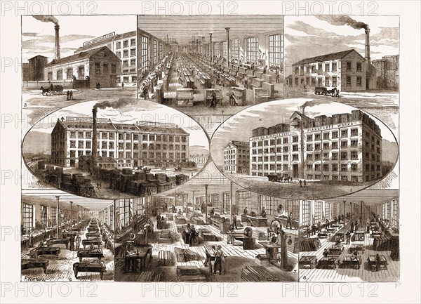 MESSRS. JOHN BRINSMEAD AND SONS' PIANOFORTE WORKS, 1883: 1. UPRIGHT IRON GRAND WORKS. 2. THE NEW HORIZONTAL GRAND WORKS. 3. ENGINE HOUSE. 4. UPRIGHT IRON GRAND FINISHING SHOP. 5. JAPANNING HOUSE. 6. GRAND FINISHING SHOP. 7. MACHINE ROOM. 8. BACK MAKING SHOP.