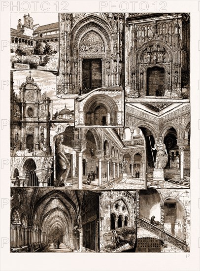 ARCHITECTURAL ART IN SPAIN, 1883: 1. Ancient Convent of San Feo, Cordova. 2. Doorway of the Cathedral, Seville. 3. Doorway of San Juan, Cordova Cathedral. 4. Eastern Doorway of the Cathedral, Valencia. 5. The Principal Door of the Cathedral, Valencia. 6. Cloisters of the Conventiof Poblet. 7. The "Patio" (Courtyard), "Pontius Pilate" House, Seville. 8, A Corner in the "Patio," "Pontius Pilate" Hoxse, Seville. 9. In the Cloisters of the Cathedral, Tarragona. 10. The Cloisters, Tarragona. 11. Old Renaissance Staircase at Barcelona.