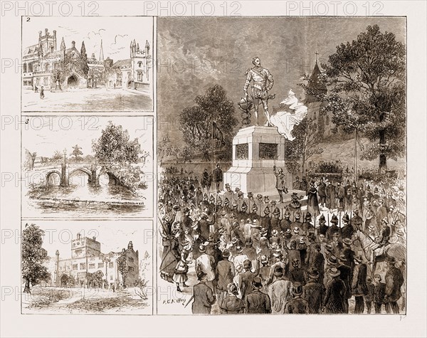 THE DRAKE COMMEMORATION AT TAVISTOCK, DEVONSHIRE, UK, 1883: 1. The Portreeve of Tavistock Unveiling the Statue of Sir Francis Drake. 2. Tavistock Abbey. 3. Vigo Bridge Over the River Tavy. 4. Buckland Abbey, the Seat of the Drake Family, where are Preserved the Shipâ€ìDrum, Banner, and Bible taken Round the World by Sir Francis Drake.