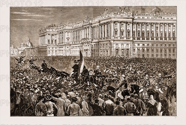 FRANCE AND SPAIN: THE RECEPTION OF KING ALFONSO AT THE ROYAL PALACE, PLAZA DEL ORIENTE, MADRID, ON HIS RETURN FROM PARIS, 1883