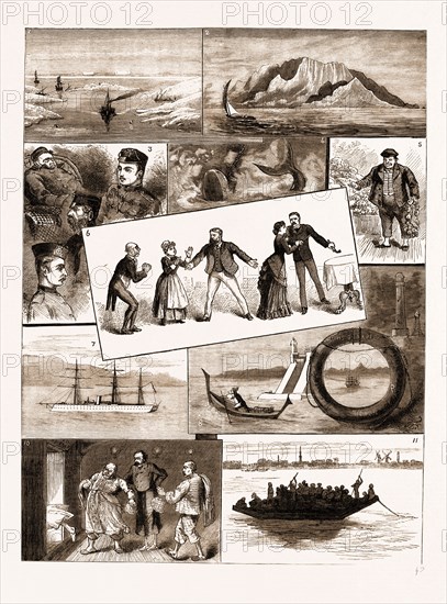 LIFE ON BOARD AN INDIAN TROOPSHIP, 1883: 1. Lake Timsah, Suez Canal. 2. Aden. 3. Some of the Passengers. 4. "Hooked," But Afterwards Ale "Hooked It." 5. Malta Sponges. 6. Theatricals on Board: "Who Speaks First?" 7. At Sea. 8. Malta. 9. Red Sea. 10. The Order of the Bath. 11. Coaling Boats Coming Alongside at Port Said.