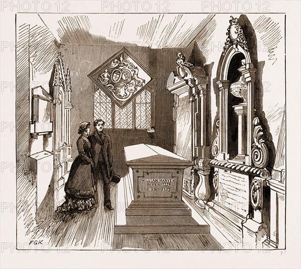 THE REMOVAL OF THE REMAINS OF DR. WILLIAM HARVEY, THE DISCOVERER OF THE CIRCULATION OF THE BLOOD, AT HEMPSTEAD CHURCH, ESSEX, UK, 1883: INTERIOR OF THE HARVEY CHAPEL IN HEMPSTEAD CHURCH, SHOWING THE MARBLE SARCOPHAGUS TO WHICH HARVEY'S REMAINS HAVE BEEN REMOVED