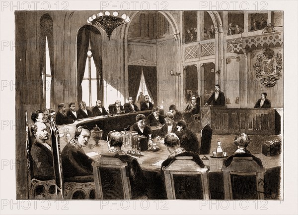 THE CONSTITUTIONAL CRISIS IN NORWAY, 1883: VIEW OF THE COURT AT CHRISTIANA IN WHICH THE NORWEGIAN MINISTRY IS BEING IMPEACHED, Official Reporters and Secretaries, Judges of the High Court of Justice, Mr. Lange, President of the Court
