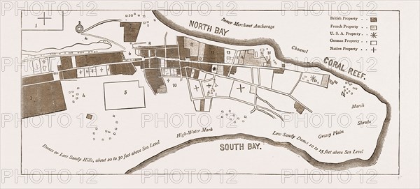 THE FRENCH IN MADAGASCAR, PLAN OF TAMATAVE, SHOWING THE AMOUNT OF PROPERTY OWNED BY DIFFERENT NATIONS, 1883: 1. Site of the Hova Garrison Town. 2. Principal Hova Fort. 3. Mr. Shaw's Compound. 4. Native Huts (Burnt). 5. Foreigners' Cemetery. 6. Cattle Market. 7. Mission. 8. Indian Shops. 9. British Consulate. 10. Site of Native Town (Burnt). 11. French Catholic Mission. 12. British Consul's House and Compound. 13. German Consulate. 14. French Consulate. 15. Customs. 16. Huts of Native Town.