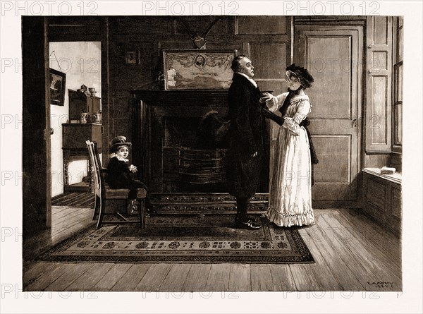 "THE WIDOWER", FROM THE PAINTING BY E.A. ABBEY, EXHIBITED AT THE ROYAL INSTITUTE OF PAINTERS IN WATER COLOURS, UK, 1883