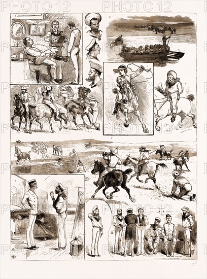 ENGLISH SPORTS ABROAD, A NAVAL PAPER-CHASE AT MALDONADO, RIVER PLATE, 1883: 1. General Signal "Hawsey Expects that Every Hound Will Do His Duty." 2. Some of the Hounds. 3. Landing the Kennel. 4. The Bugler has just Sounded the Assembly. 5. Now, Lads, Get as Much Way on as You Like." 6. A Hound. 7. A Halt to Remount Hounds after a Bad Start. 8. Hare and Hound the Next Day. 9. "Please, Sir, Nearly all the 'Ounds in the Port Watch are Horse de Combat." 10. A Few Hounds the Next Day.