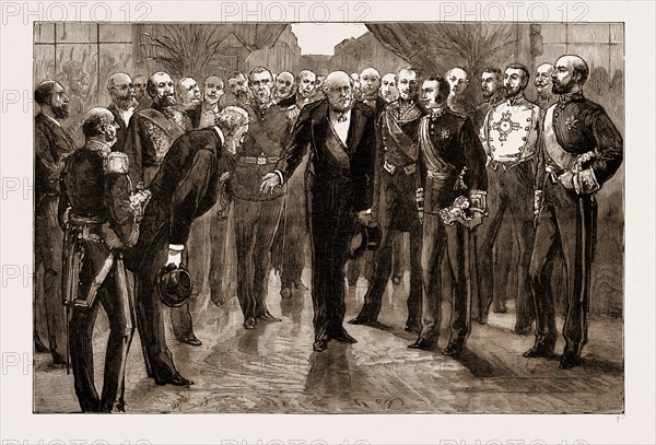 PRESIDENT GREVY AND THE FRENCH CABINET RECEIVING THE KING AT THE GARE DU NORD, PARIS, FRANCE, 1883