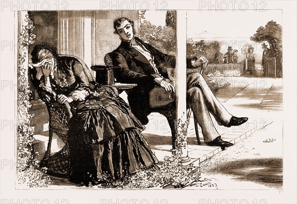 THIRLBY HALL, DRAWN BY WILLIAM SMALL, 1883; "Here they all come, back from church. Now do please, Mrs. Warren, stop crying."