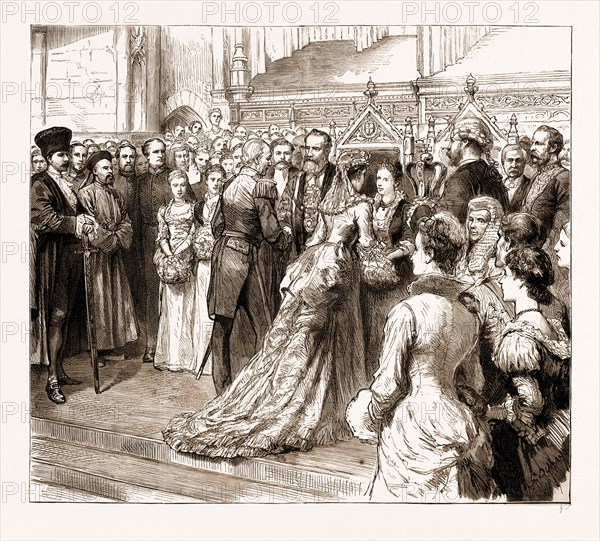 THE LORD MAYOR'S BANQUET AT THE GUILDHALL, LONDON, UK, 1883: RECEPTION OF GUESTS BY THE LORD MAYOR AND LADY MAYORESS IN THE LIBRARY
