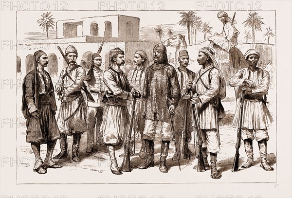 THE REBELLION IN THE SUDAN, 1883: SOME TYPES OF THE EXPEDITIONARY FORCE: Albanian Bashi Bazouk (Infantry), Kurd (Cavalry), Native Sudanese Regular, Syrian Bashi Bazouk, Greek Bashi Bazouk from the Turkish Provinces, Shegir of the Dromedary Scouting Corps, Egyptian Cuirassier, in Shirt of Mail, with Pot Helmet and Linked Hood Similar to that Worn by the Saracens of Saladin, Shegir or Arab from the Country Between Shendy and Dongola, Bosnian Bashi Bazouk (Infantry), Fellah, or Regular Egyptian Infantryman