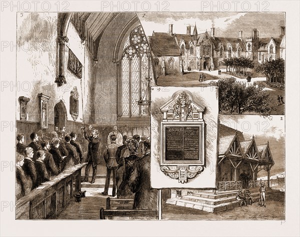 THE MEMORIAL TO THE LATE CAPTAIN GILL AT BRIGHTON COLLEGE, UK, 1883: 1. Brighton College. 2. The Cricket Pavilion. 3. General Sir J. Lintorn Simmons Unveiling the Gill Memorial. 4. The Memorial Tablet.