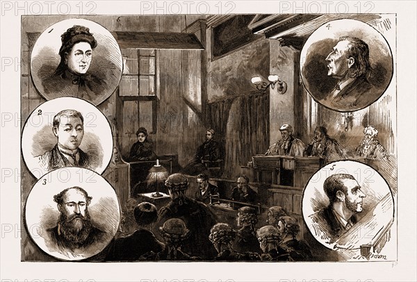 THE TRIAL OF PATRICK O'DONNELL AT THE OLD BAILEY FOR THE MURDER OF JAMES CAREY ON THE HIGH SEAS, SCENE IN COURT DURING THE CROSS-EXAMINATION OF MRS. CAREY, 1883: 1. Mrs. Carey. 2. Thomas Francis Carey, Son of the late James Carey. 3. Mr. Nathan Marks, Hotel-Keeper at Cape Town, who Witnessed the Murder of James Carey. 4. General Pryor, of the United States Bar. 5. Patrick O'Donnell.