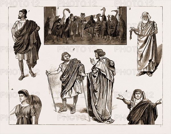 THE PERFORMANCE OF "THE BIRDS" OF ARISTOPHANES AT ST. ANDREW'S HALL, CAMBRIDGE, BY MEMBERS OF THE UNIVERSITY, UK, 1883: 1. Inspector: Mr. Guillemard. 2. The Chorus. 3. Priest: Mr. Benson. 4. Iris: Mr. Maxse. 5. Euelpides: Mr. Newton; Pithetaerus: Mr. James. 6. Mr. Platts Recites the Parabasis.
