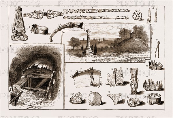 THE DISCOVERY OF A VIKING'S REMAINS AT TAPLOW, UK, 1883: 1. A Gold Brooch-Buckle (Weight 4 oz.). 2. Small Buckle for Fastening the Girdle. 3. Gilt Silver Bracelets. 4. Drinking Horn. 5. A Sword. 6. A Barbed Spear. 7. "Grape Cup." 8. Bone Shuttle and Stiletto. 9. Vertical Shaft, Sunk 20 Feet, at the Bottom of which the Remains were Discovered. 10. A View of the Barrow. 11. Tweezers. 12. Fragment of a Large Bronze Vessel, 16 Inches in Diameter. 13. Fragment of Bronze-Cased Bucket, Showing Portion of Iron Bands. 14. Glass Vase, 11 Inches High. 15 and 16. Mitre-Shaped Armlets of Ornamental Gilt Silver. 17. Fragment of Samian Ware. 18. Flint Scraper. 19. Fragment of Saxon Pottery. 20 and 21. Ivory "Draughtsmen."