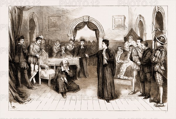 THE TRIAL SCENE FROM THE "MERCHANT OF VENICE" AS PERFORMED AT OXFORD BY MEMBERS OF THE PHILOTHESPIAN CLUB, UK, 1883