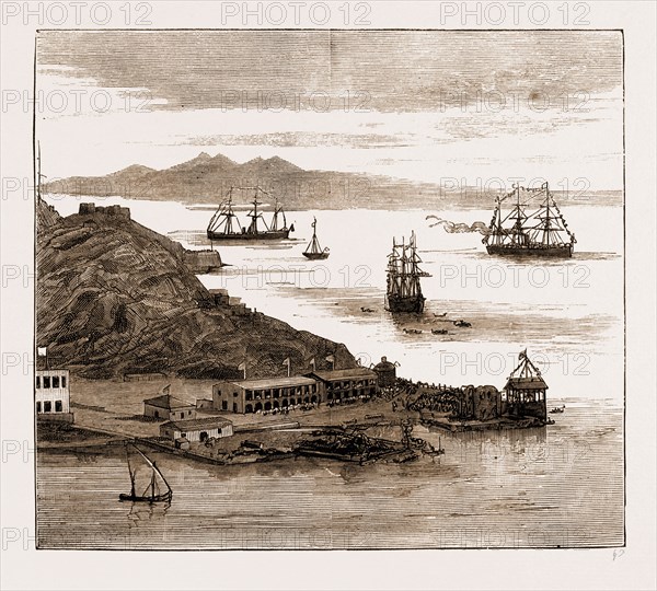 THE VOYAGE OF THE DUKE AND DUCHESS OF CONNAUGHT TO INDIA ON BOARD THE P.&O. MAIL STEAMER "CATHAY", 1883: THE "CATHAY" ENTERING ADEN HARBOUR