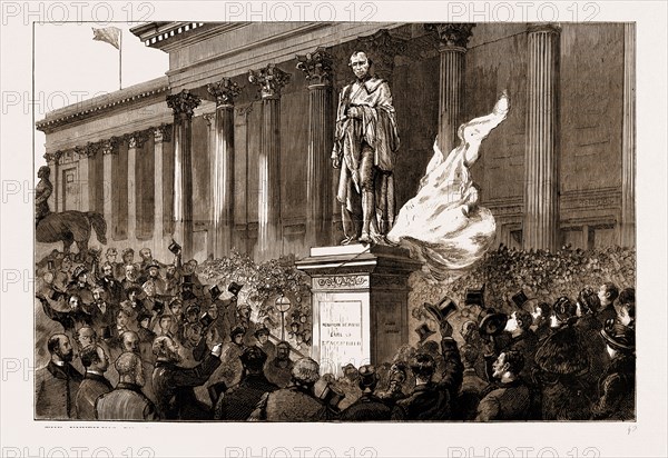 THE UNVEILING BY SIR RICHARD CROSS OF THE NEW STATUE OF LORD BEACONSFIELD, ERECTED BY PUBLIC SUBSCRIPTION IN FRONT OF ST. GEORGE'S HALL, LIVERPOOL, UK, 1883