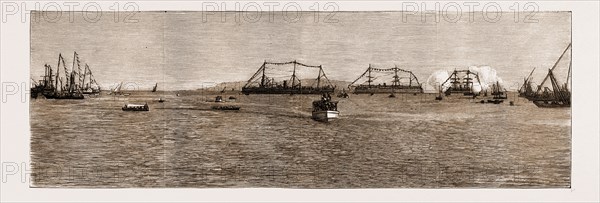 THE DUKE AND DUCHESS OF CONNAUGHT AT BOMBAY, INDIA, 1883: THE DUKE AND DUCHESS GOING FROM THE "CATHAY" TO THE LANDING PLACE IN THE STEAM LAUNCH "BEE".
