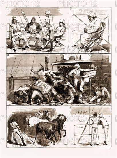 THE REBELLION IN THE SUDAN, WITH BAKER PASHA'S REINFORCEMENTS: FROM SUEZ TO SUAKIM BY THE RED SEA, 1883: 1. A Turk's Idea of a One-Finger Peg. 2. Our Red Sea Pilot. 3. A Slight Difference of Opinion Between Turks and Arabs. 4. Rejected Advances. 5. "There's Another Jolly Row Downstairs."