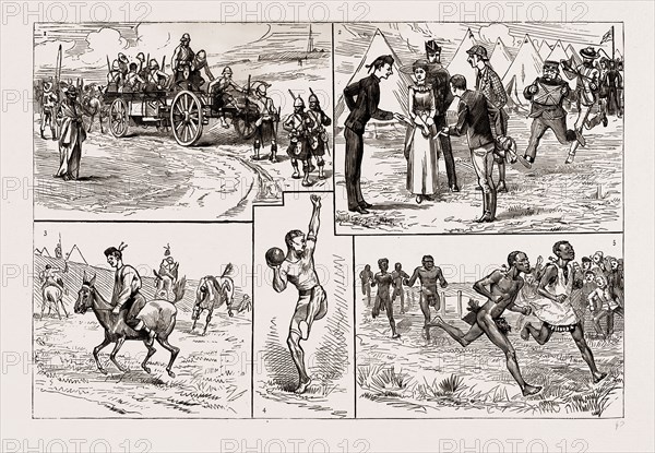 SPORTS AT FORT CURTIS, ETSHOWE, ZULULAND, 1886: 1. Arrival of a Waggon with Competitors from the Outlying Forts. 2. The Only Lady. 3. The Finish of the Mule Race. 4. A Sergeant of the 1st Argyll and Sutherland Highlanders Putting the Shot. 5. A Half Mile Race for Zulus of the Resident Commissioner's Bodyguard.