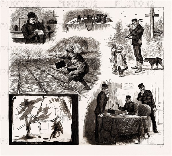 THE ANNUAL FIELD SKETCH, 1886: 1. He receives the dreaded Order. 2. And collects his Implements. 3. So long as he Sticks to the Road it's all very well. 4. "Heigh ho, the Wind and the Rain!" 5. The Result. 6. The Colonel recommends him to do Another.