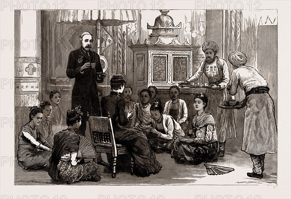 WITH LORD DUFFERIN IN BURMA: LADY DUFFERIN RECEIVES THE BURMESE LADIES AT AFTERNOON TEA IN THE PALACE, MANDALAY, 1886